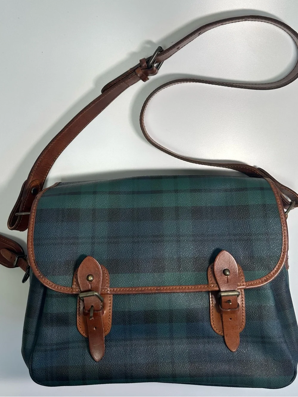 Polo Ralph Lauren Classic Plaid Leather-Trim Messenger Bag - Green/Tan